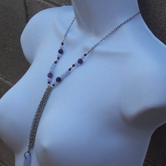 Handmade Statement Necklace With Lilac Agate Silver Tone Chains Purple Beads - Picture 15 of 16